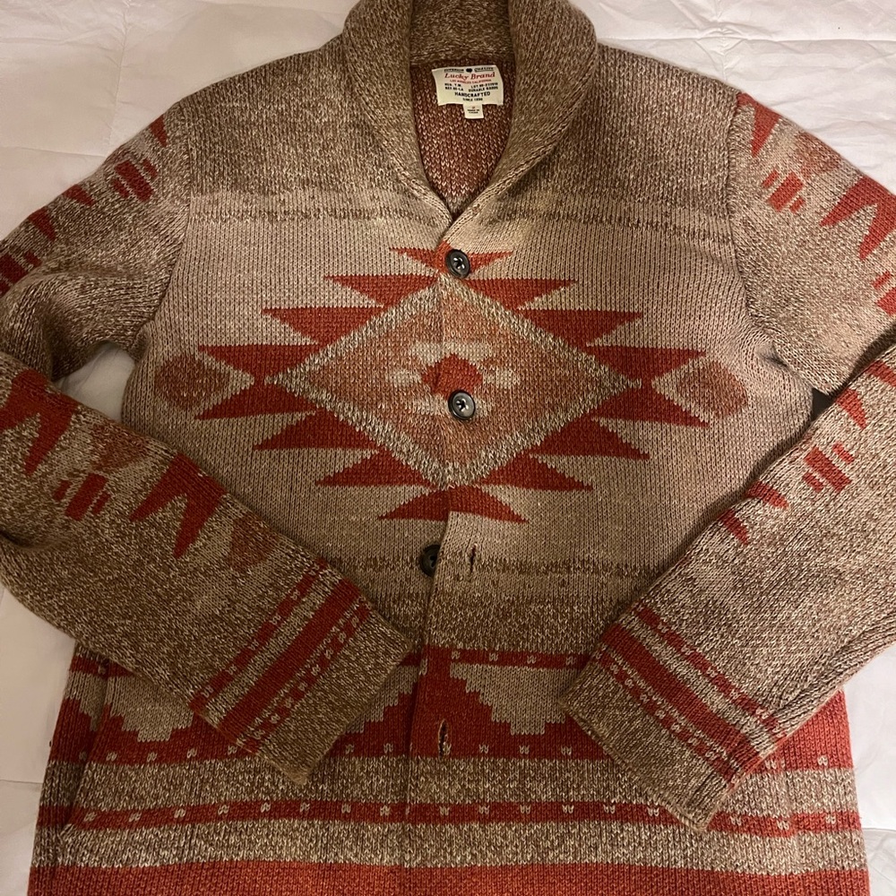 Lucky Brand Brown and Red southwestern Shawl Collar Cardigan Small Almost New